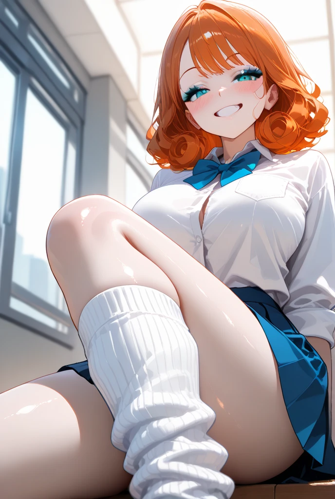 1girl in, Orange hair, Gray eyes, BREAK skirt, Shirt, cleavage, Jewelry, School uniform, Pleated skirt, Necklace, chain, Collar, Short sleeves, grey skirt, (white shirt:1.3), thighs thighs thighs thighs, Detailed face and eyes, masutepiece, Best Quality, 4K, nffsw,miscievous smile、,(white panties:1.3)、(Fully exposed panties:1.5)、(Squatting:1.3)、plein air、outside of house、