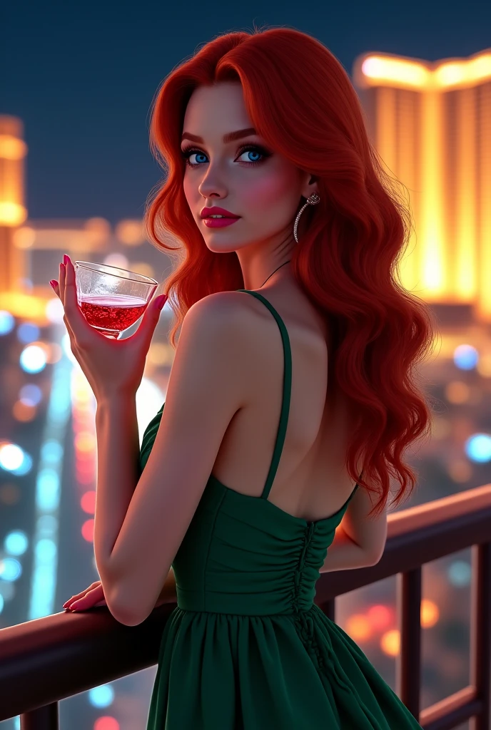 A woman at a night party, sitting at the bar, wearing a green party dress. She has feminine yellow brown eyes, brown and detailed skin, a beautiful big bust, long red hair and a serious face with a thin chin. The scene features dramatic lighting, a cinematic composition, a dark palette, party lights, dark colors and atmospheric haze. The woman is beautiful and very pretty, portrayed as an adult in an ultra-realistic and ultra-detailed way (best quality, 4K, 8K, high resolution, art: 1.2), with a realistic and photorealistic appearance (photorealistic: 1.37)."