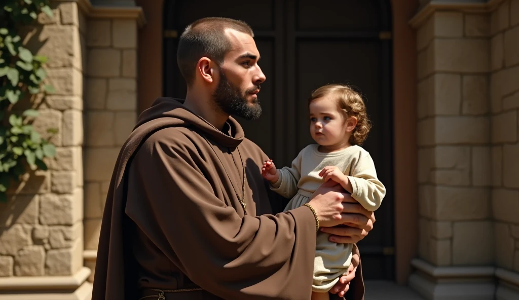 saint antonio, with tonsured hair, wearing brown friar clothes, holding the baby Jesus in his left hand and holding a book in his right hand.