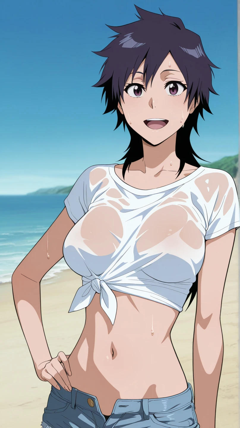 (WALLPAPER, masterpiece, 4k, anime style:1.9, ( detailed beach background, cowboy shot, looking at viewer, big breasts, big , open mouth, high color saturation, bold lines, bold drawing lines, (strong arms, flat belly, groin), detailed bold arm lines), (strong arms, thick arms), strong light on body, plain, bare body, (large breasts, perky boonimum clothing, taking off shirt, bare shoulders, off-shoulders, bare chest, polished nails, seductive, (very tight plain white micro bikini, wedding veil, white flower wedding crown), no shirt, showing off), hinata\(boruto\), mature female, sunbathing, milf, (curvy:0.8), solo, (short hair, hime cut), (dark blue hair color:1.1), white, flat belly, perfect eyes, white sciera, white eyes, anime eyes, smoky eyeliner, eyeshadow, perfect face, shy, sharp focus, professional artwork, intricate details, colorful, vibrant colors, vivid colors, digital blending, ultra detailed body, ultra detail hair, ultra detail face, trending on pixiv, smile, happy, very hot colors, sunny day, outdoor,
