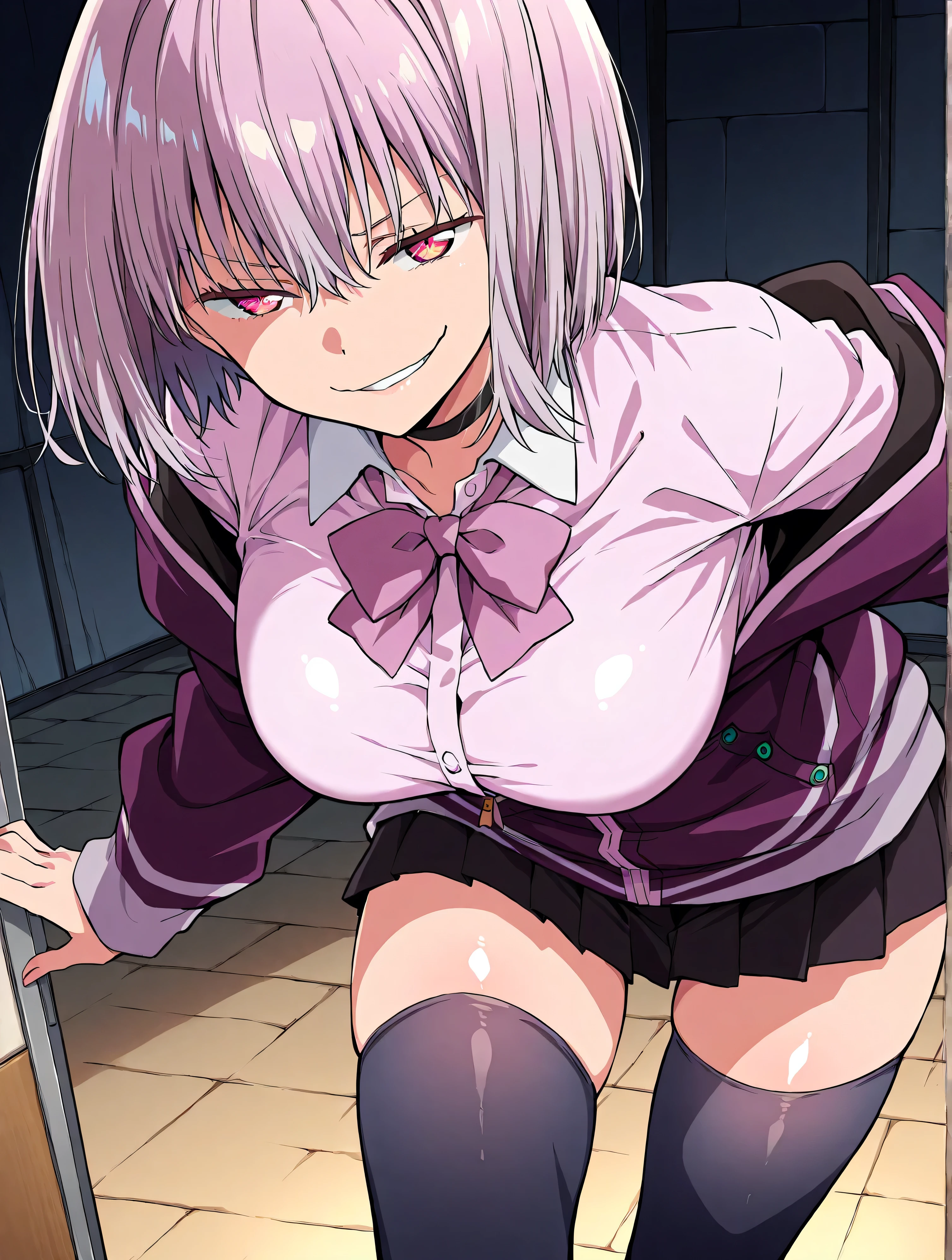 (masterpiece:1.2), best quality, high resolution, unity 8k wallpaper, (illustration:0.8), (beautiful detailed eyes:1.6), extremely detailed face, perfect lighting, extremely detailed CG,1girl,1man,shinjou akane, light purple hair, (pink eyes:1.2), short hair, BREAK indoors, city, BREAK looking at viewer, BREAK (perfect hands, perfect anatomy),NSFW、full body Esbian、embarrassed from、red blush、Colossal tits、hot, sweating, sweaty, tan, big boobs, tan skin, flustered,sex, having sex,man standing behind girl, man behind touching ass, grabbing ass, hip grab,cum on boobs,cum on ass,Black pubic hair,bitch_virgin,Large breasts,sex from behind, pov, doggystyle, all fours, back, from behind,large penis,gangbang,rape,milk shower,pov,in pain, painfull, eyes closed, clenched teeth in pain,(sweat), (blush:1.3), smile, open mouth,on bed,(a large amount of used condoms scattered on the floor),spank hip,spank ass,sex slave,