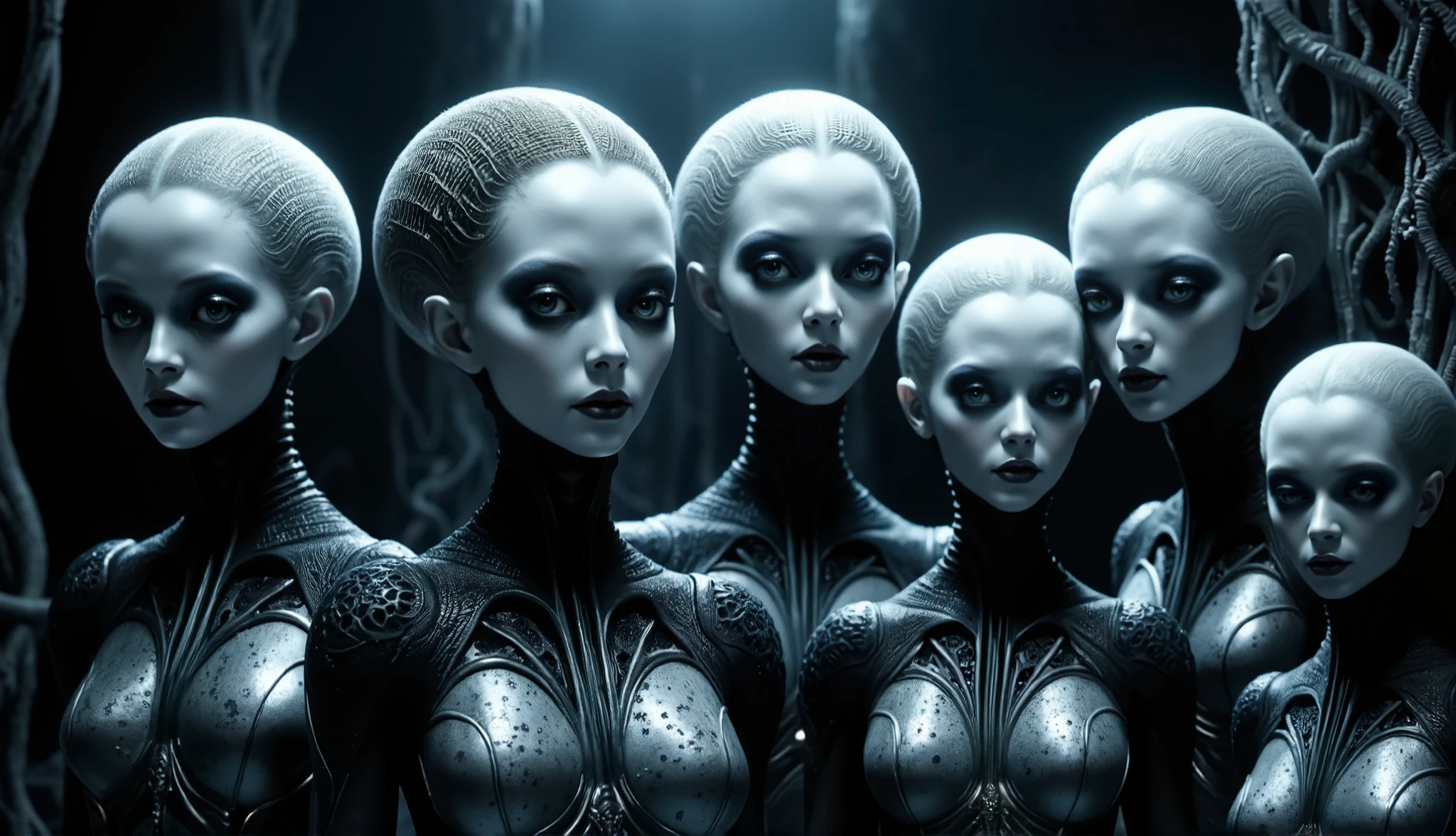 in (medium full shot:3.1) of lot of characters from a movie for slave girls from beyond infinity, inspired by Clyde Caldwell, Hans Bellmer, wayne barlowe, pierre pellegrini, in Hevy Metal Magazine universe, (with Creepy, Sci-Fi, Fantasy and Horror:2.9), very detailed body, moody, epic, shot on Kodak Vision3, (intricate details:2.4), (hyperdetailed:3.1), (8k resolution:3.1), (high detailed:4.1), lot of detailed, high quality, soft (cinematic:3.3) light, dramatic atmosphere, atmospheric pespective, (impactful art:2.8), rich colors