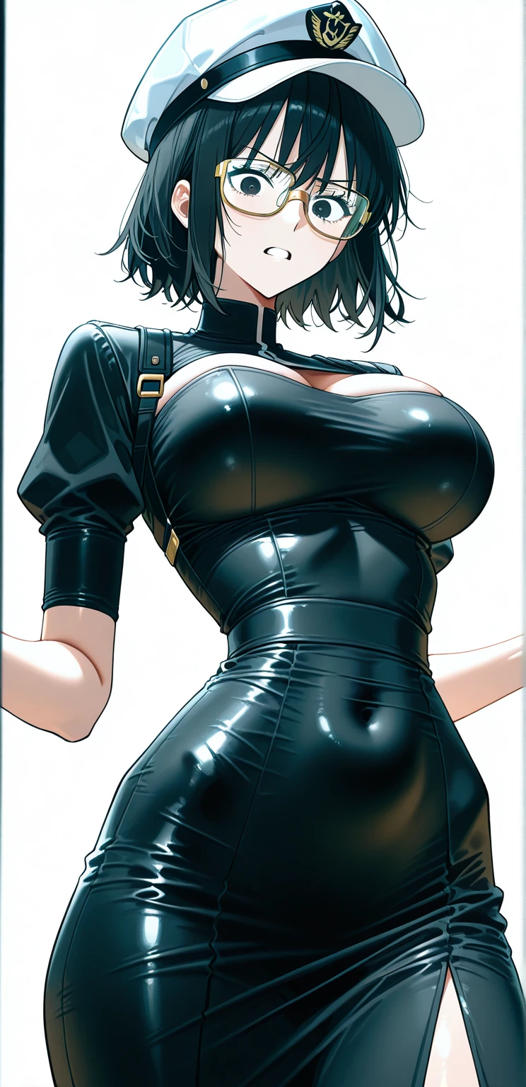 realisticlying、40-year-old woman, glowing eyes, Face Real, Close-up look up from below, huge breast, Wearing a sheer tight-fitting black and green latex dress, voluptuous, Emphasis on the thighs, sexy Face, feet out of frame, smiling, dominating, short hair, staring at viewer