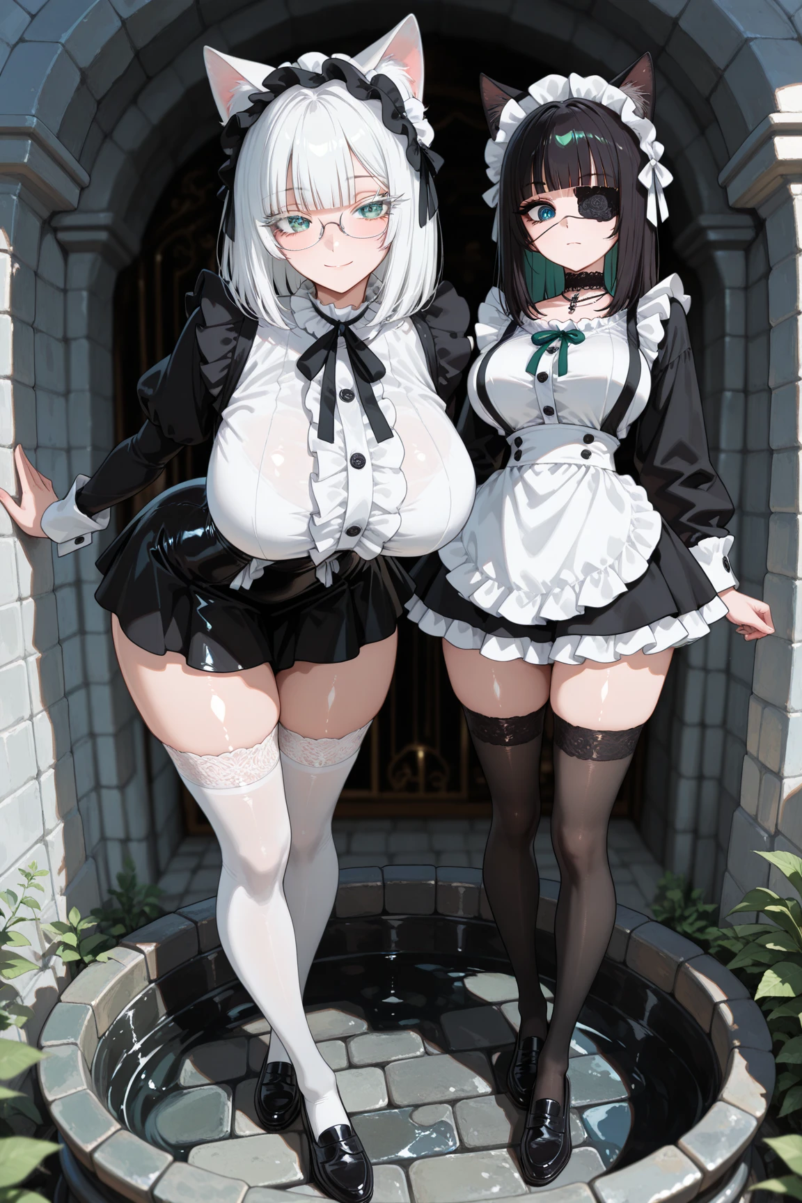(girl1), (anime), white, with long green hair, a 14-year-old woman, wearing a white dress showing her shoulders, with a thin straight skirt, like a dress cloth in the lower straight part, and in the back another straight cloth, showing her legs, with white stockings, and a sexy dress, look, the size of her breasts, they are size BBB+++, Super busty, and with a big ass