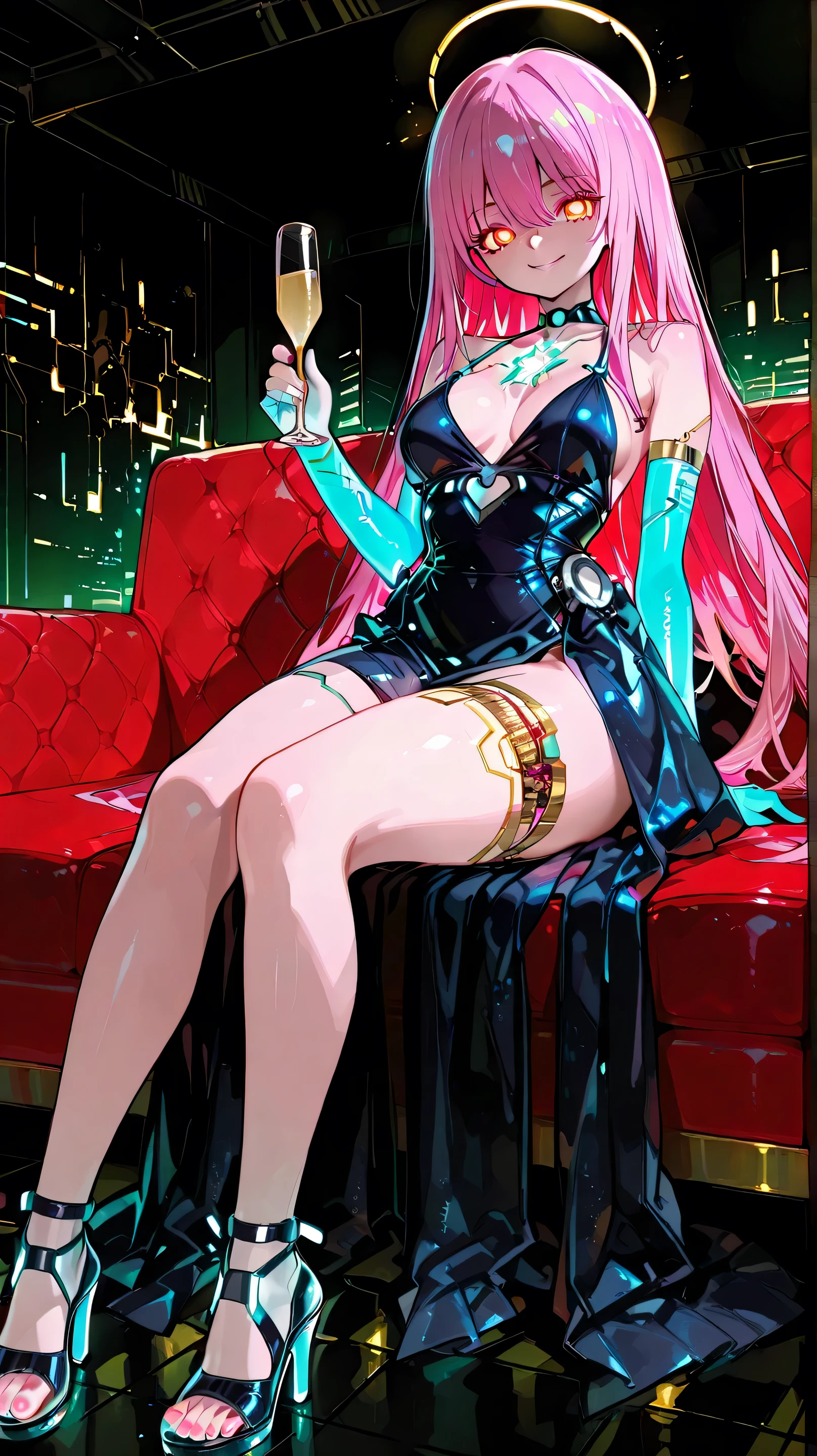 Mygo,chihaya_anon, cyber punk,Wonders of the machine,Robotic presence, Cybernetics Guardian,purple、beautiful robotic cyberwoman,(long hair:1),(sexy evening Dress made of thousands of glowing transistors:1.4),delicate parts,fractal art,colorful,digital painting,(glowing lights and leds:1.3),(robotic breasts with glowing LED:1.2),medium breasts,(background:a luxurious bar:1.1),(detailed glowing eyes:1.2),tattooThigh, tattoo,solo focus,Flattering smile,cyberpunk,glowing hand,holding champagne,Toe Manicure,Transparent glass shoes,Sitting on a luxurious red velvet sofa, cyber punk,Wonders of the machine,Robotic presence,Cybernetics Guardian