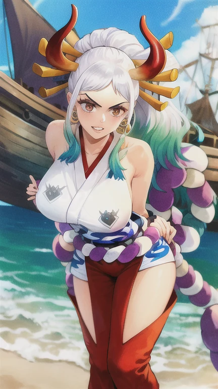 Highest quality, masterpiece, 4K, Absurd resolution, Ultra-high resolution, 8k, Actual:1.37, Realistic:1.37, Bright colors, Bokeh, Vibrant color palette, Great studio lighting, Very detailed, Detailed eyes, Detailed skin, Detailed Hair, Detailed face, Detailed fabric, BREAK, Yamato(one piece), sexy Pose, Perfect body, Fine and beautiful eyes, Beautiful Lips, 非常にDetailed face, Long eyelashes, sexy, horn(Wrapping , Red , multicolor), Confused expression, torn old clothes, Hands in chains,, Attention aside, Sweaty armpits, Hairy armpits, Fine underarm,  Very detailed, Bright colors, ,The clothes are see-through