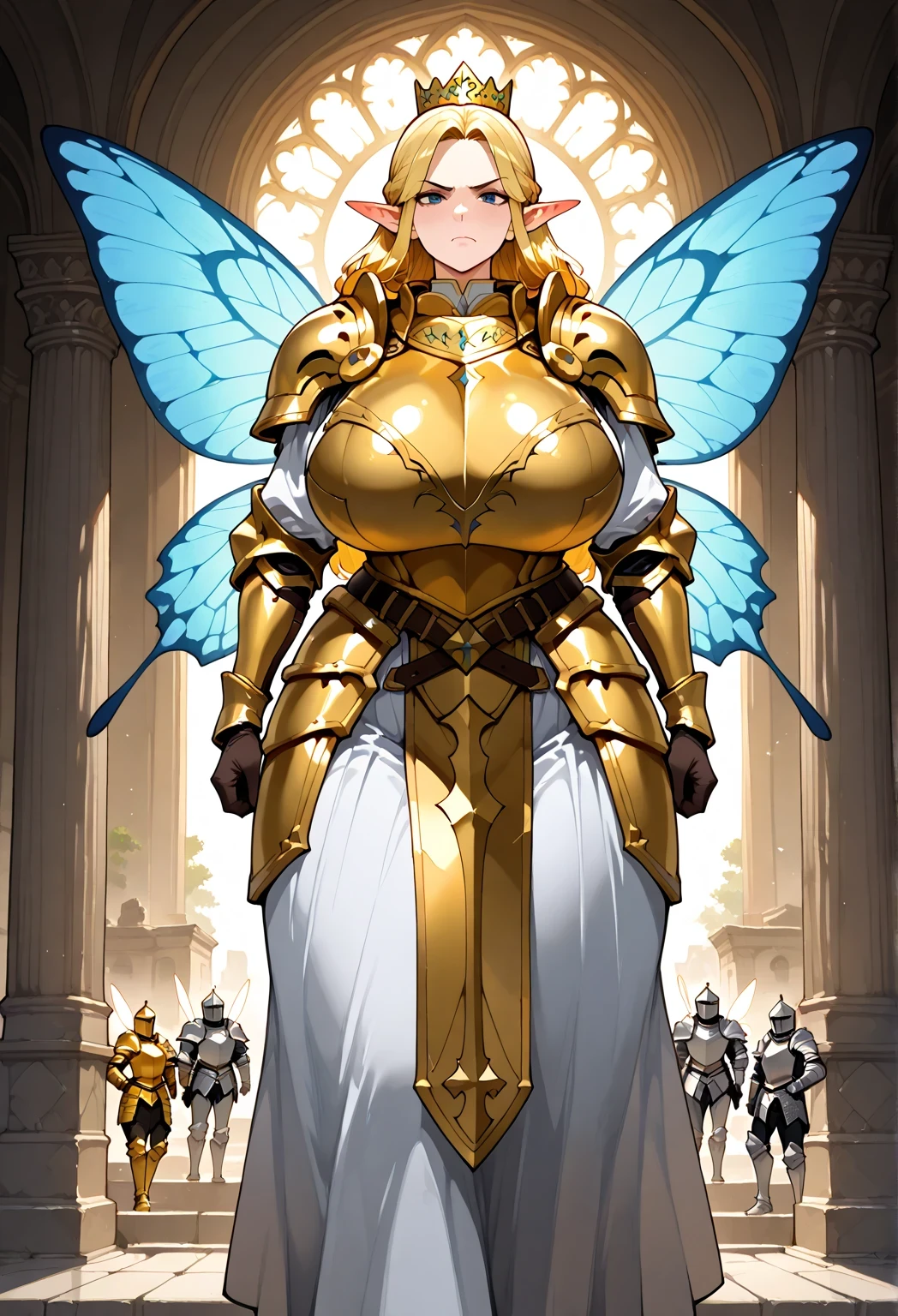 Masterpiece, Highly detailed, ULTRA, 7 WOMANS, mature womans, Fairies, huge big busty breasts, plus-sized, Wearing paladin armor, Elf ears, different hairstyles, different gradient colored hairs, together, Long butterfly-like fairy wings, Long skirt, glory belt, wife hips, Milf's hips, serious expression, group of 7 Fairies generals, Fairy Knight CHUBBY, Golden armor (armor ONLY is Golden. No other places ARE Golden), background a destroyed temple