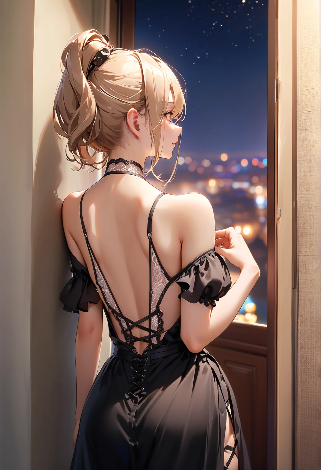 work of art, incredible, 8K, detailded, 1 girl, (from behind ))(standing on all fours)(new ) showing the vagina, Off The Shoulder, huge It is, , ((It is)), hair blonde, shorth hair, Eyes red, red ribbon on your hair 