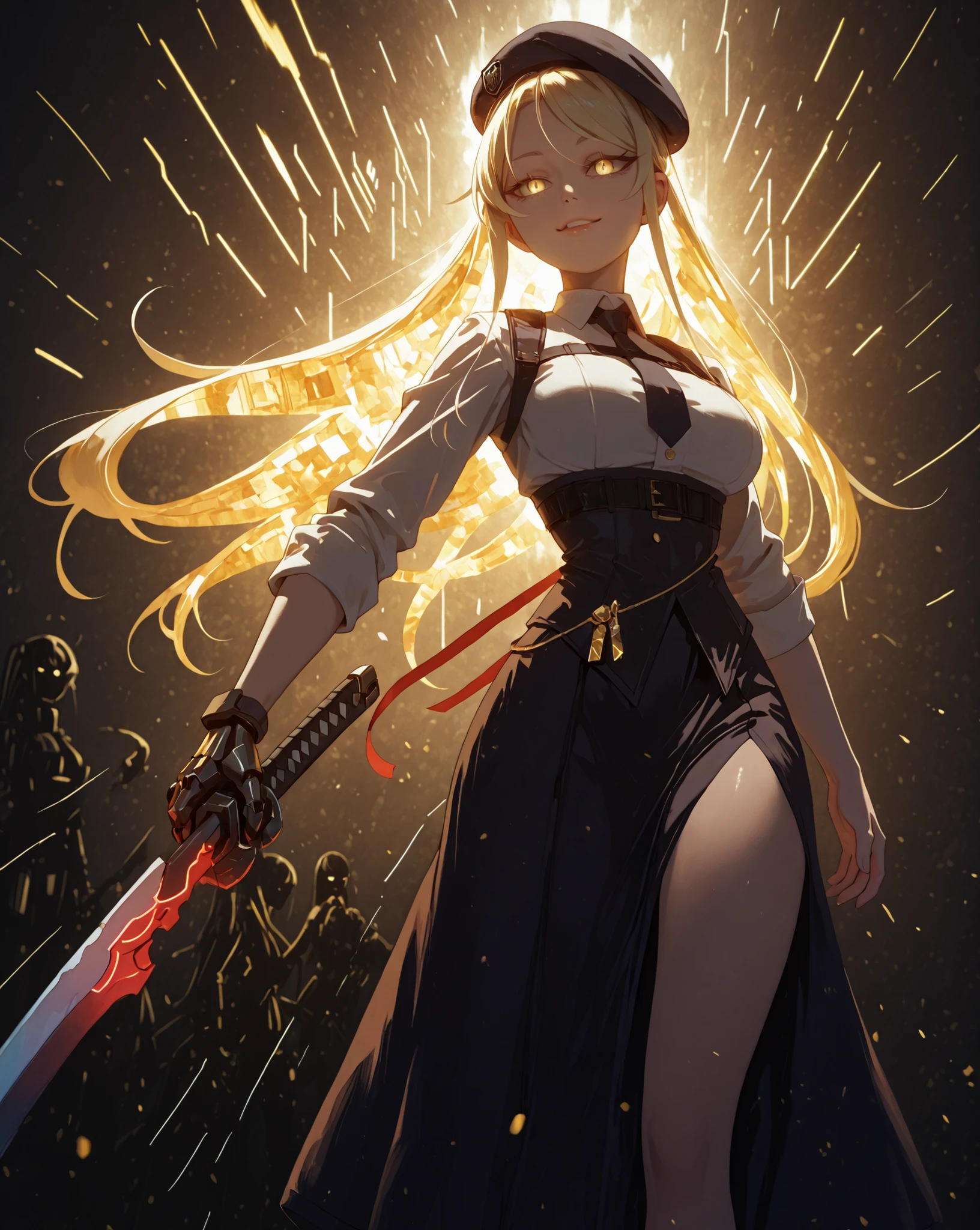 A young female character with the same height and body proportions as Shinobu Oshino from the Monogatari series. She has long, flowing blonde hair adorned with a red ribbon on one side, and the same sharp facial features as Shinobu — but instead of golden eyes, she has glowing golden eyes that shimmer with intensity. Her expression is provocative and confident, wearing a sly, self-assured smile.
Her outfit is a highly detailed cyberpunk-inspired military uniform, black with red and gold accents. The skirt is tactical yet stylish, with embedded circuitry lines. Her uniform includes gold medals, high-tech insignias, and a bold red tie. A large, exaggerated red beret sits atop her head, slightly tilted, oversized compared to her head, adding a rebellious edge.
On her left hand, she wears a mechanized gauntlet with sharp, retractable claws, emitting faint neon lights — a blend of weapon and symbol of power. She holds a massive, ultra-wide black katana in her right hand, with a thick blade engraved with glowing red cyber runes, clearly larger than her own body. The katana's design is brutal and futuristic, blending raw steel with cybernetic enhancements and red neon lines along its surface.
Her pose is bold and confrontational — facing forward with her head tilted slightly, shoulders squared, one hip cocked, exuding dominance and fearlessness. Her figure is exaggerated with wide hips, large bust, and a curvaceous silhouette, enhancing the contrast between her youthful appearance and the raw power she wields.
The background is deep black to emphasize her presence. The entire illustration should have a vivid, colorful, high-detail rendering in a cyberpunk anime art style — blending punk aesthetics, femininity, and military dominance into one striking image.