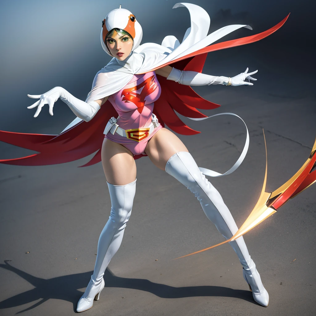 ANI_CLASSIC_jun_gatchaman_ownwaifu, 1girl, good anatomy, masterpiece, best quality, realistic, hdr, long black hair, green eyes, lips, large breasts, lipstick, makeup, white cape, helmet, white belt, elbow gloves, white gloves, mask, ultra miniskirt, leotard, spacesuit, white legwear, pink dress, superhero, bodysuit, cleavage, erected nipples, (sexy pose,from below:1.2), (spread legs:1.1), white panties, cameltoe, sweat, smile, squatting, space ship background, see through nipples