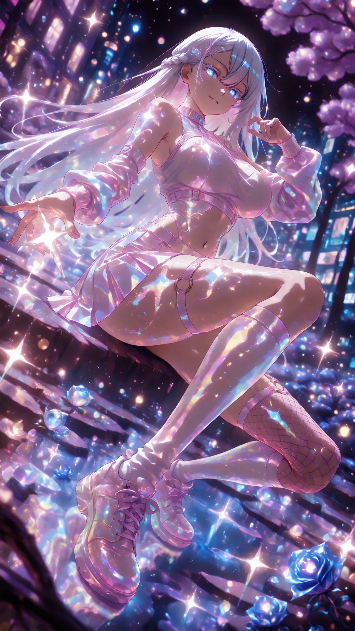 crystal covered, (Full body :1.3), alternate color, masterpiece, detailed illustration, realistic, pixiv top quality, exquisite, {{{kawaii 1girl}}}, ultra beauties who fuse with machines, glitter beautiful female, Half of my body is made of machines, transparent glass body, The machines inside the body are transparent, cinematic lighting, dynamic angle, dynamic pose, crystal world, depth of field,Shiny socks,Crystal stockings,Crystal high heels