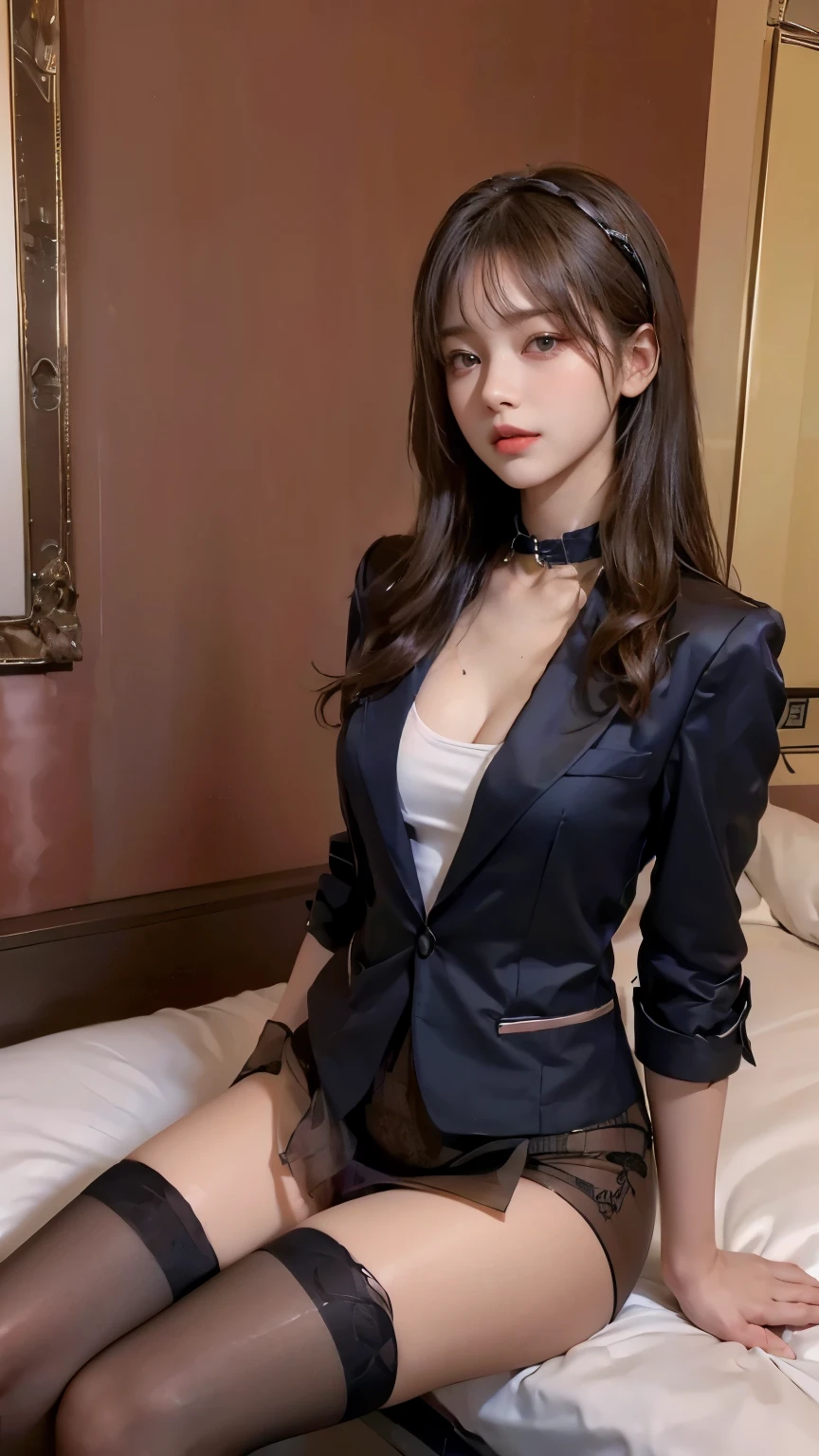 absurdres, RAW photo, extremely delicate and beautiful, masterpiece, Best Quality, ultra high resolution, 16k, hyperrealistic, ultra-detailed, perfect anatomy, super Detailed skin, perfect figure, Very detailed CG 8k wallpaper, in her 20s, very Slim body, narrow waist, very small head, very small face, delicate facial features, tearful mole, earring, thin legs, ((very huge round breasts)), full body shot, 1 girls, shorter middle hair, wavy hair, ((office lady suit)), blazer, wet, bed,