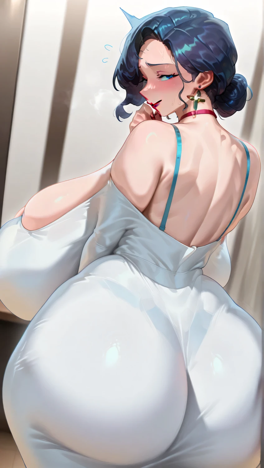  ((Masterpiece)), ((better quality)), a Woman, mature woman, red lipstick, big breasts, gigantic butt,smile,(gigantic breasts:0.5),wide back, neckline, embarrassed,(Chest swelling  :0.8)
