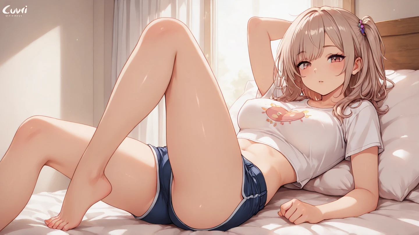 highest quality、Elementary school student bra、Beige shorts、Cool look、Stretching your legs in your room、Armpit sweat、Grass、Ecstasy Face,(Glamorous figure)， (girl１name)， (Highly detailed face, smile) ,, (日本のgirl), Slightly round face, (Tan brown face:1.6), cute, Big eyes、2D，highest quality，(masterpiece)，(((The whole body is reflected)))，(((Full Body)))，extra short hair，((light bronze hair))，healthy dark skin，((Black denim shorts))，Light pink wrestler tank top，Shiny bare legs，barefoot，beautiful brown eyes，Attractive thigheaty ass，Sloppy body shape，Bedroom，Get drunk，Upward glance，cheeks are bright red，あざでcute，Sexy as hell，Erotic look，Large drops of sweat all over the body，Steamy，sleep with your legs stretched out、My Room、（Lie flat on the bed.），Side view angle，An angle that emphasizes the buttocks