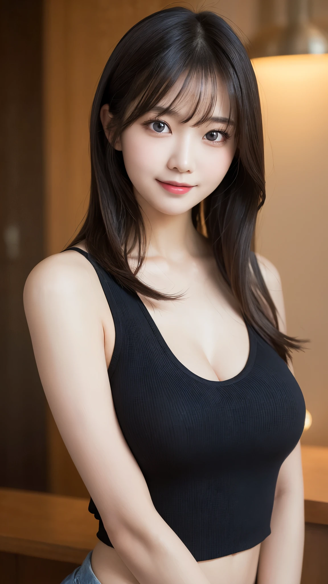 ((highest quality、Masterpiece、High resolution))、(((Zoom photo of upper body、Black Hair)))、(A shy smile:1.2)、One woman、Beautiful Skin、Beautiful Eyes、Cleavage、Off-the-shoulder sweater、Trimmed bangs、Straight Hair