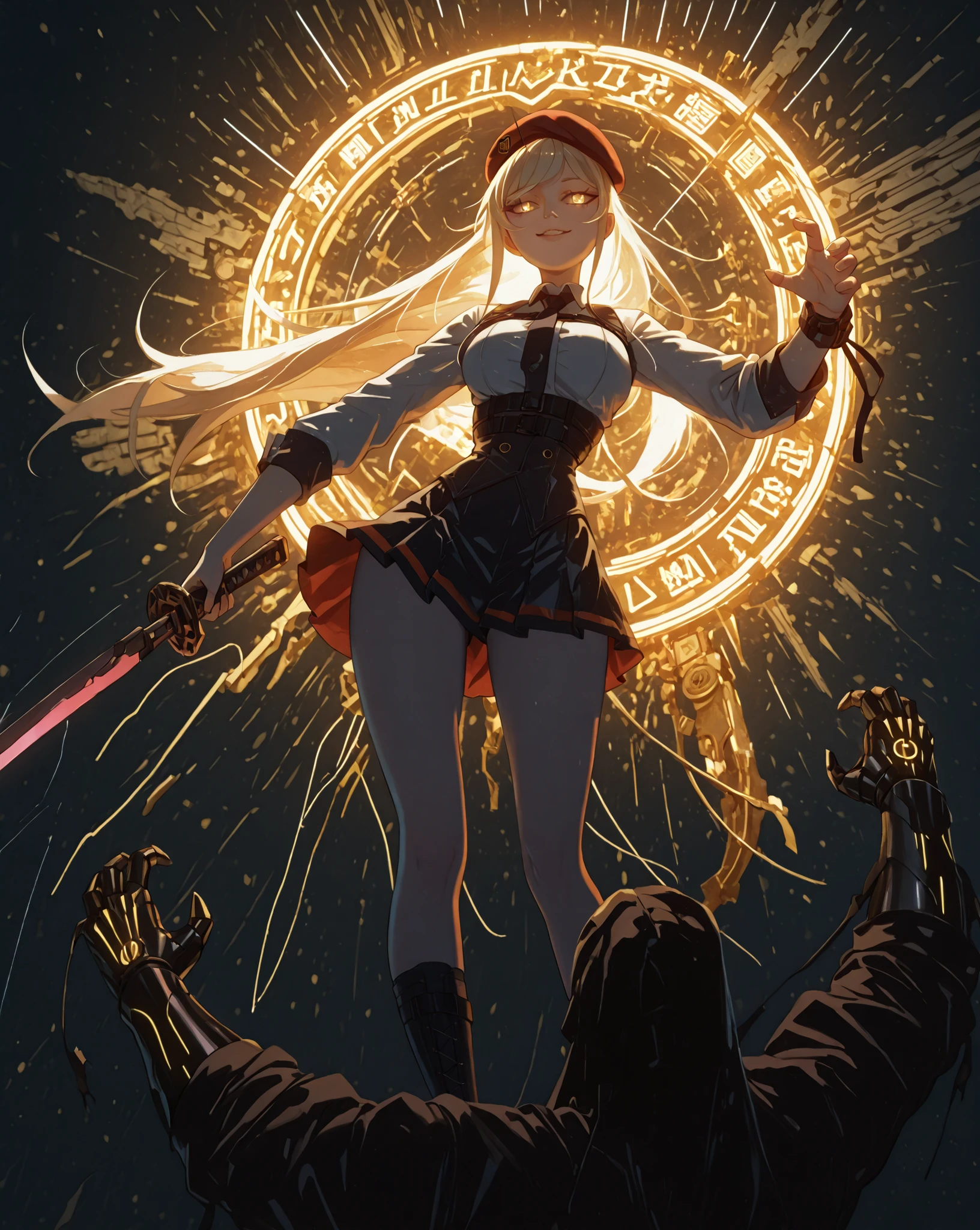 A young female character with the same height and body proportions as Shinobu Oshino from the Monogatari series. She has long, flowing blonde hair adorned with a red ribbon on one side, and the same sharp facial features as Shinobu — but instead of golden eyes, she has glowing golden eyes that shimmer with intensity. Her expression is provocative and confident, wearing a sly, self-assured smile.
Her outfit is a highly detailed cyberpunk-inspired military uniform, black with red and gold accents. The skirt is tactical yet stylish, with embedded circuitry lines. Her uniform includes gold medals, high-tech insignias, and a bold red tie. A large, exaggerated red beret sits atop her head, slightly tilted, oversized compared to her head, adding a rebellious edge.
On her left hand, she wears a mechanized gauntlet with sharp, retractable claws, emitting faint neon lights — a blend of weapon and symbol of power. She holds a massive, ultra-wide black katana in her right hand, with a thick blade engraved with glowing red cyber runes, clearly larger than her own body. The katana's design is brutal and futuristic, blending raw steel with cybernetic enhancements and red neon lines along its surface.
Her pose is bold and confrontational — facing forward with her head tilted slightly, shoulders squared, one hip cocked, exuding dominance and fearlessness. Her figure is exaggerated with wide hips, large bust, and a curvaceous silhouette, enhancing the contrast between her youthful appearance and the raw power she wields.
The background is deep black to emphasize her presence. The entire illustration should have a vivid, colorful, high-detail rendering in a cyberpunk anime art style — blending punk aesthetics, femininity, and military dominance into one striking image.