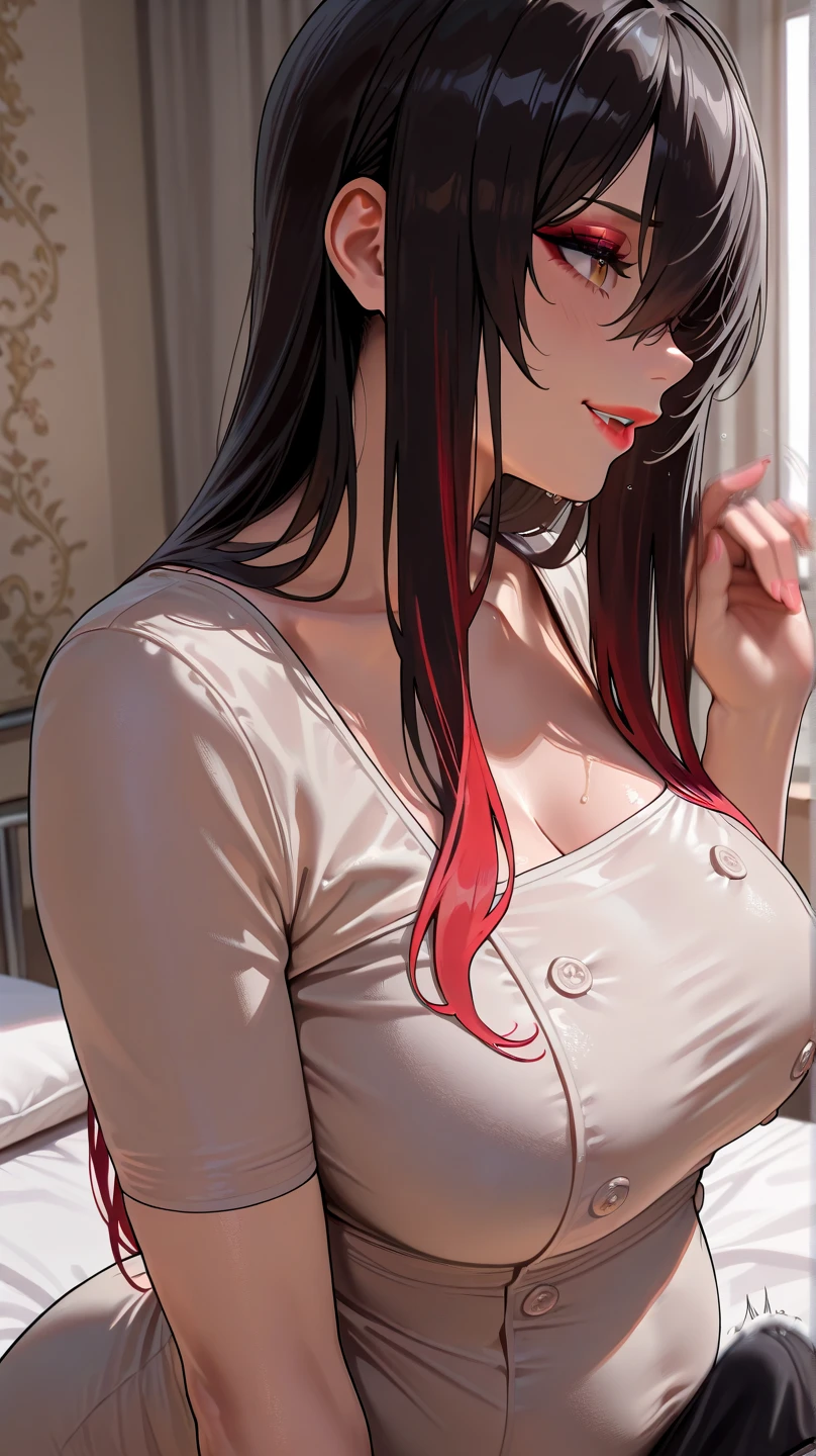 realisticlying、45-year-old girl、Breasts are heavily wearing a black polo shirt to emphasize cleavage,Face enhancement,Chest super large zoom,Cleavage emphasis,Looking up from the bottom,Blackening of hair,eyes are brown,darkens the skin,African、Blushing,Red lips,A sexy,Bed sit,stick out your tongue and open your mouth wide、Banzai、Wearing underwear,Wrinkles between the eyebrows,Sweaty face