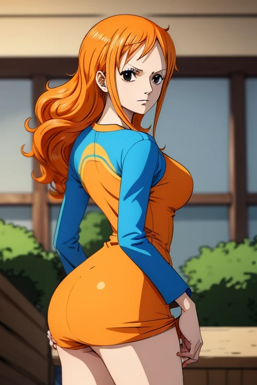 1 female, hourglass figure, pouty look, housewife, cleavage, Black turtleneck, small waist, thick thighs, orange hair, braided, hands on hips, tight jeans, masterpiece, 4k.
