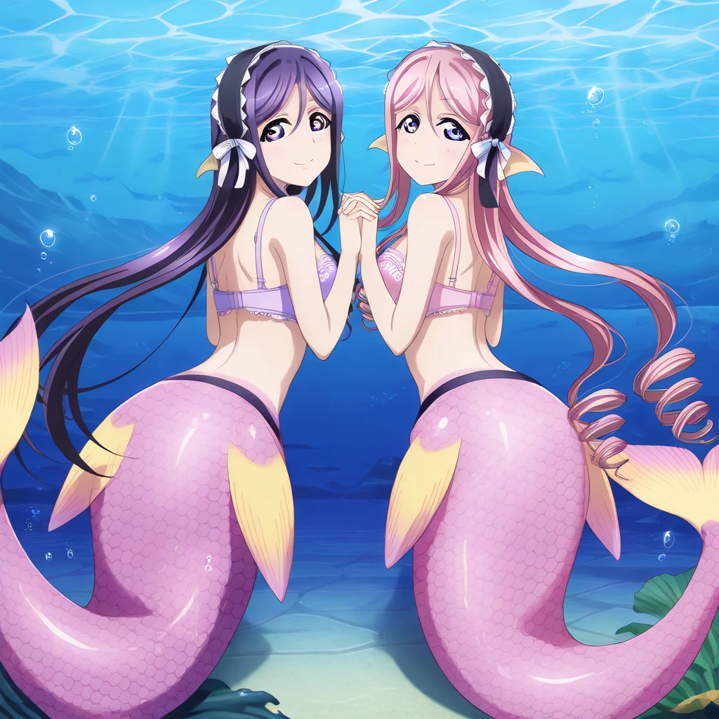 Witch Mermaid, with human ears, swimming, long ponytail, fullbody,