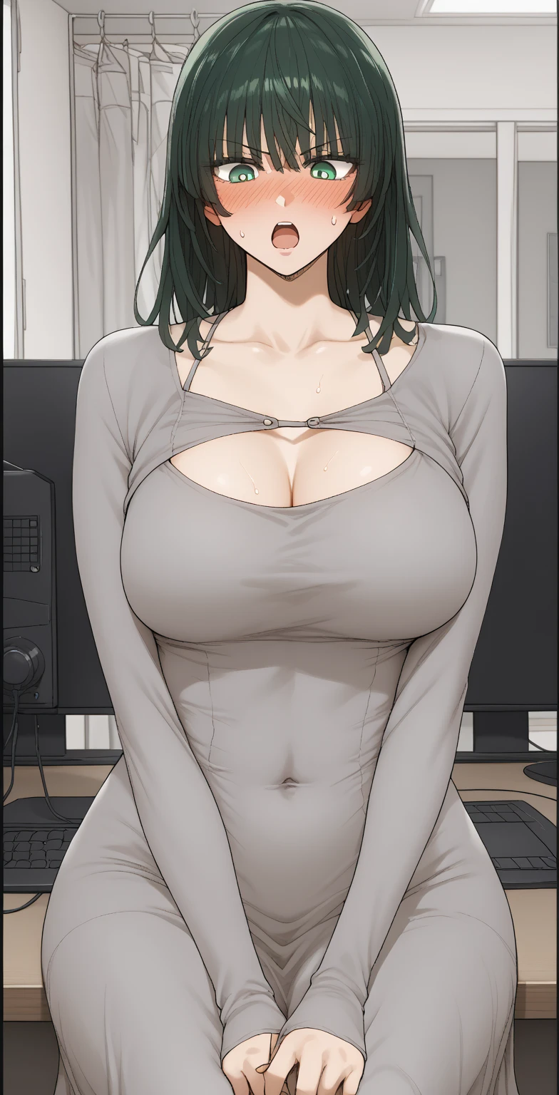 1girl, {53 years old, milf, teal and green hair, messy hair, asymmetrical hair, ahoge, very short hair, aqua eyes, medium breasts, pale skin, glasses}, naked, mouth open, sex, spread legs, vaginal penetration, penis in pussy, wet pussy, blush, orgasm