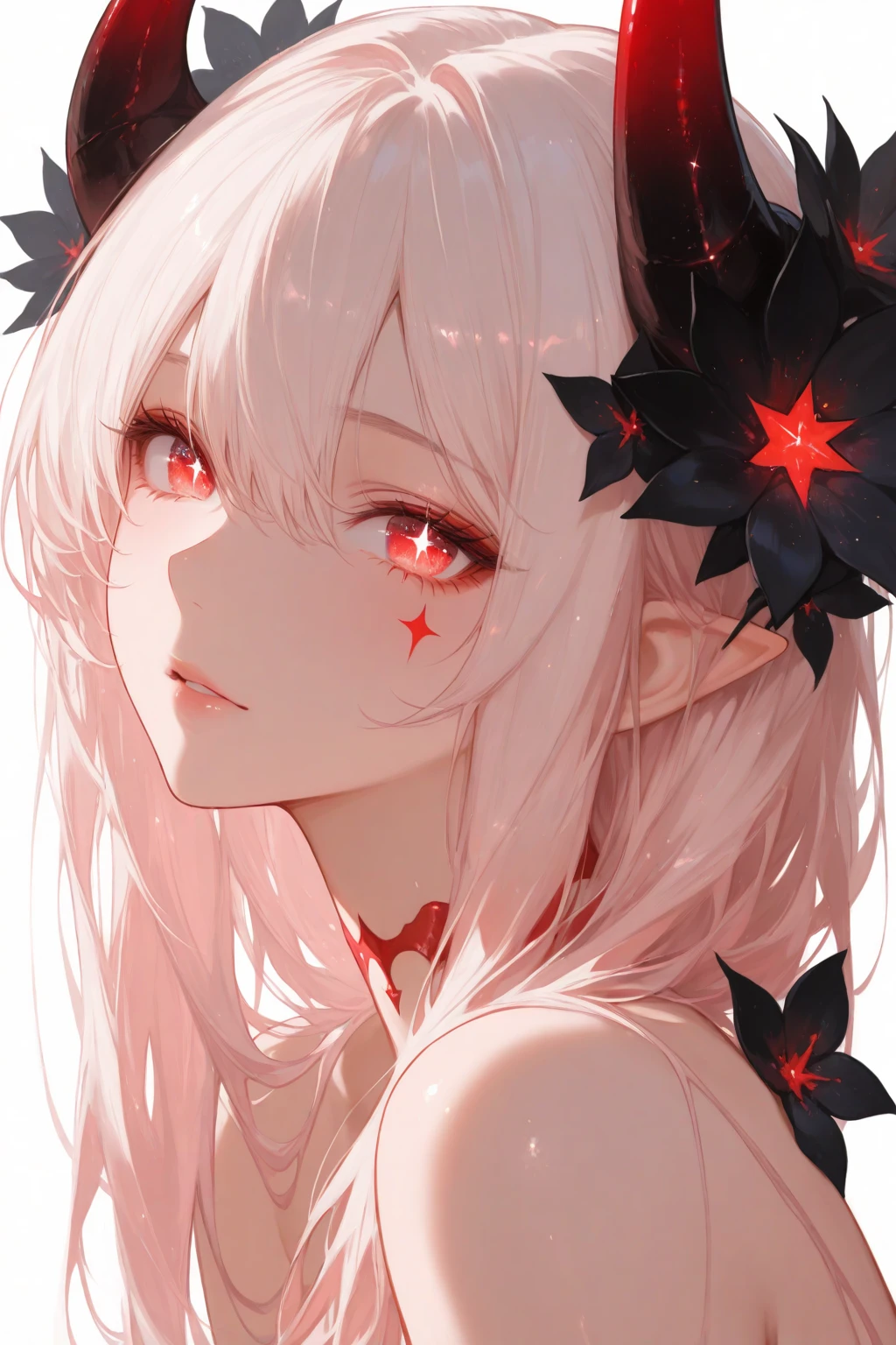 masterpiece, best quality, very aesthetic, ultra-detailed, absurdres, Light red Eyes, light red long hair, smooth hair, black Flowers, demon girl, stars eyes, abstract 