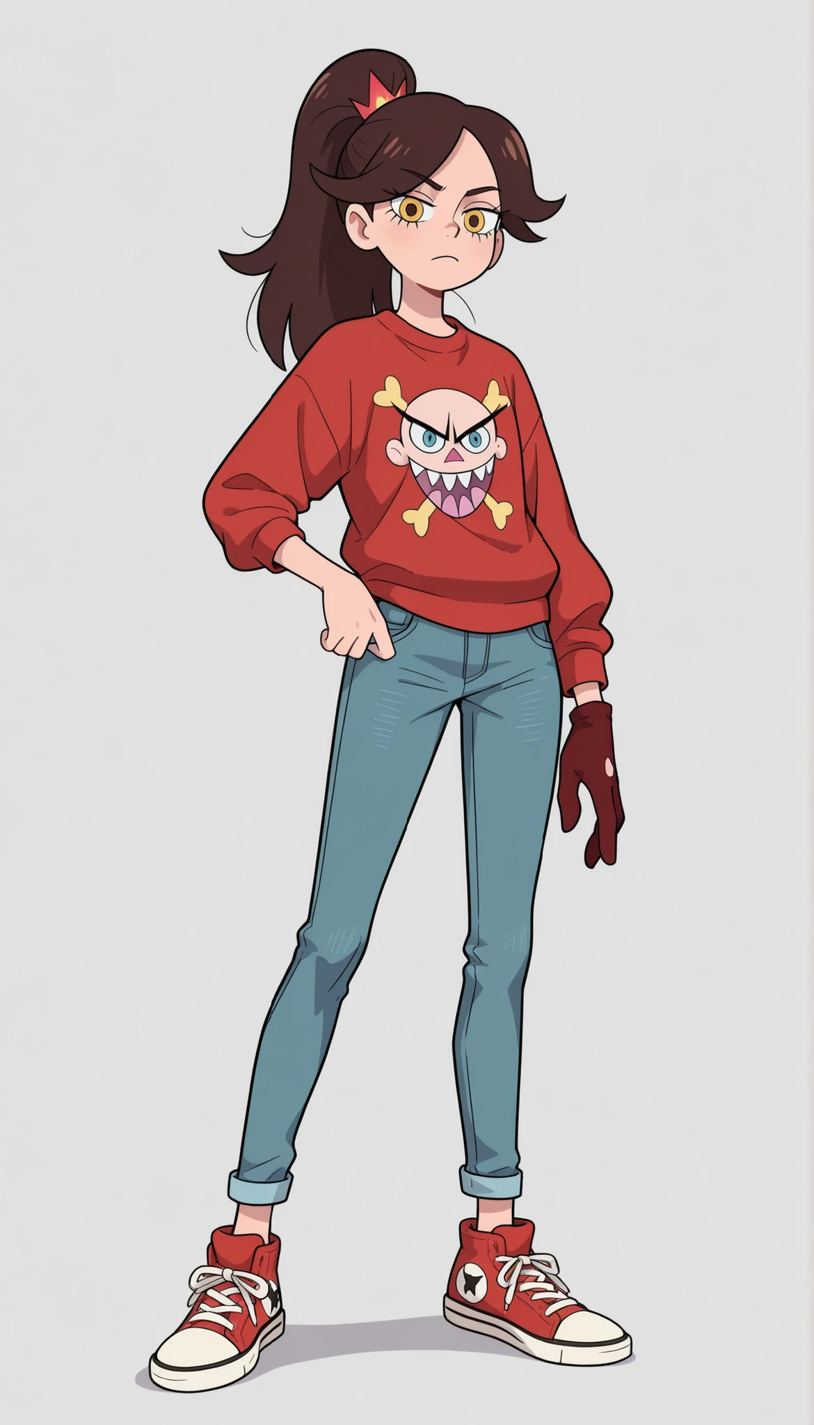 (Star Vs The Forces of Evil Style), 1Girl, Fem Marco Díaz, Gender Bender, Standing, full body photo:1.5, simple light gray background, brown complexion, yellow eyes, red sweatshirt, straight denim jeans, Red and white sneakers, brown hair, long hair, high back ponytail, eye-colored right glove without fingers, asymmetrical glove, From the front, looking at the viewer,