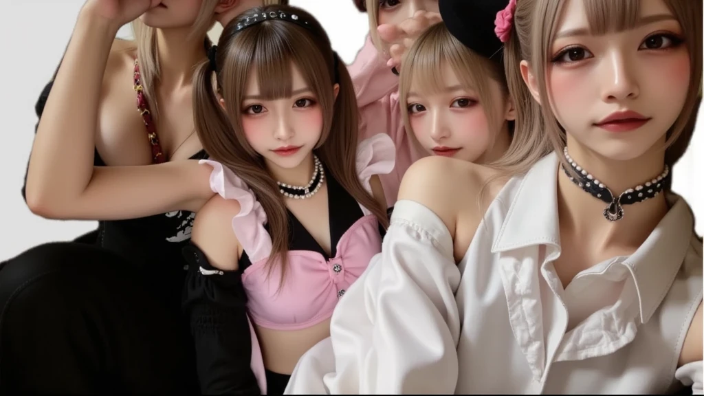 Photo Realistic Woman, Woman brown eyes, brown hair, UltraHD, surreal인 스타일, detailed 얼굴 머리카락\(pink,twin tail,floating,rolling,detailed,shining\),hair clip\(mind\),Costume\(pink colored gothic lolita\),(narrow eyes),very cute pose,(chest:1.3),open cleavage, cute hand sign\), break ,background\(Harajuku\(Tokyo,japan\),At night,cute,fancy,dark\), break ,quality\(8K,wallpaper of extremely detailed CG unit, masterpiece,highest resolution,top-quality,top-quality real texture 피부,surreal,Increase resolution,RAW photos,최고의 quality,highly detailed,wallpaper,cinematic lighting,ray tracing,golden ratio\),(dynamic angle),(face close up:1.3),looking down at the viewer,from below,Better hand