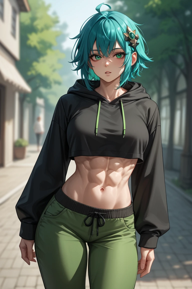 score_9, score_8_up, score_7_up, 1girl, DagrRND, grey eyes, aqua hair, short hair, large breasts, toned, biceps,
tiara, white hoodie, baggy hoodie, cropped hoodie, midriff, denim shorts, white thigh highs
looking at viewer, toned, abs, bedroom eyes, parted lips,
outdoors, lounging, on grass,
<lora:FEDagrPDXL_V1-Manityro-CAME:1.0>,