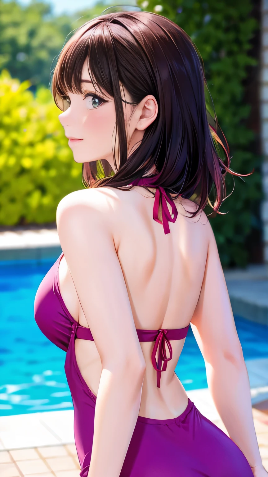 masterpiece, High resolution, perfect face, beauty of japan, 30 years old, beautiful face, beach, light purple bikini, embarrassed look, look at the camera, top quality eyes, detailed texture, look at me, little, Married woman, cool women, high resolution eyes, black hair, ass, ass job