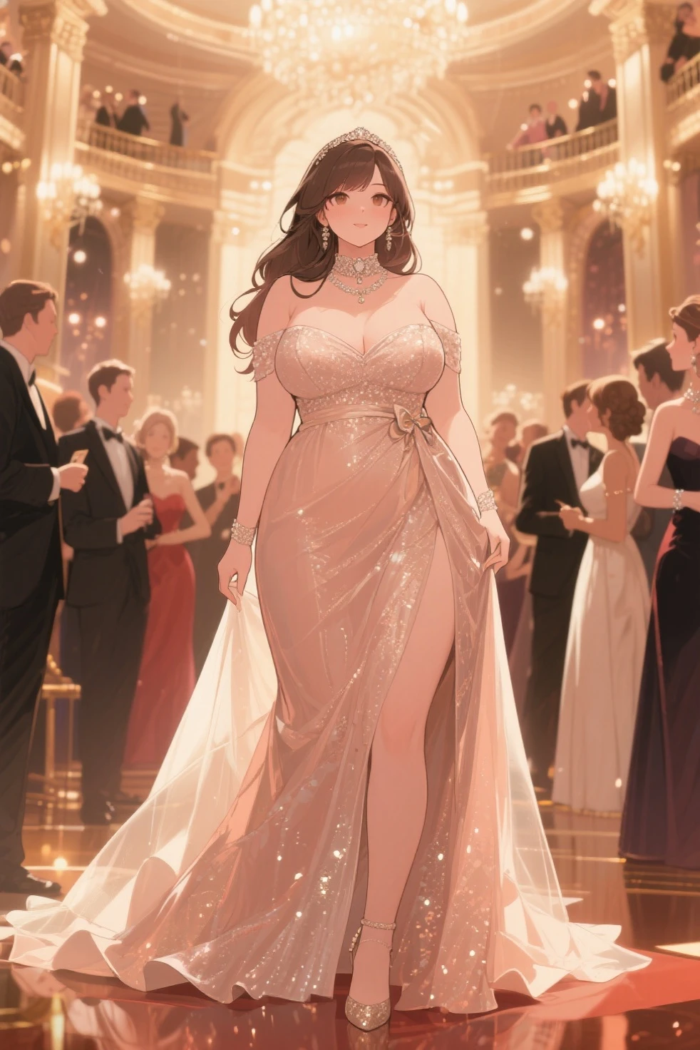 nozomitoujou, nozomi toujou, green eyes, brown hair, curly hair, breasts, masterpiece, best quality, high resolution, beautiful detailed eyes, extremely detailed face, good lighting, detailed CG, messy hair, glossy lips, light smile, ballgown, ballroom, cleavage, necklace, pendant, earrings, jewelry, high heels, standing, (crowd of dancers)