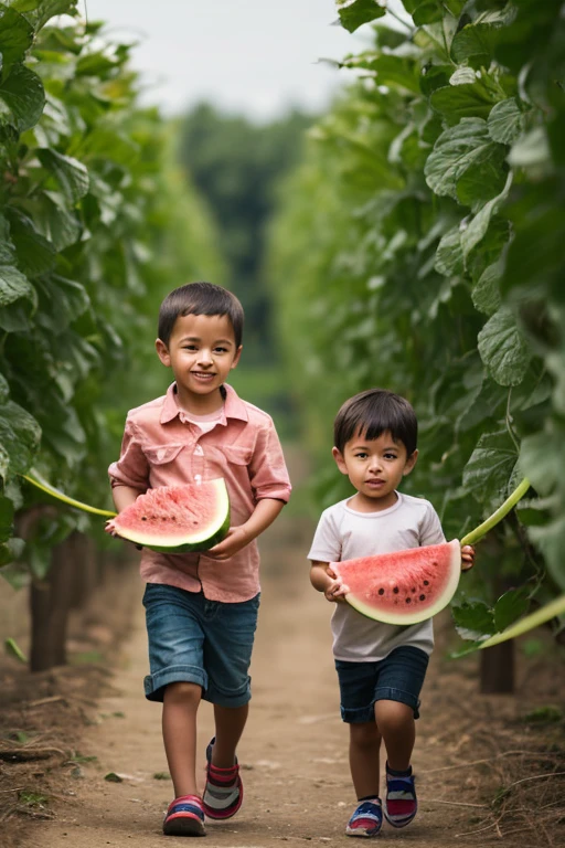 Little boy holding a huge watermelon,Facing the camera,Running through the aisles of the fruit market。