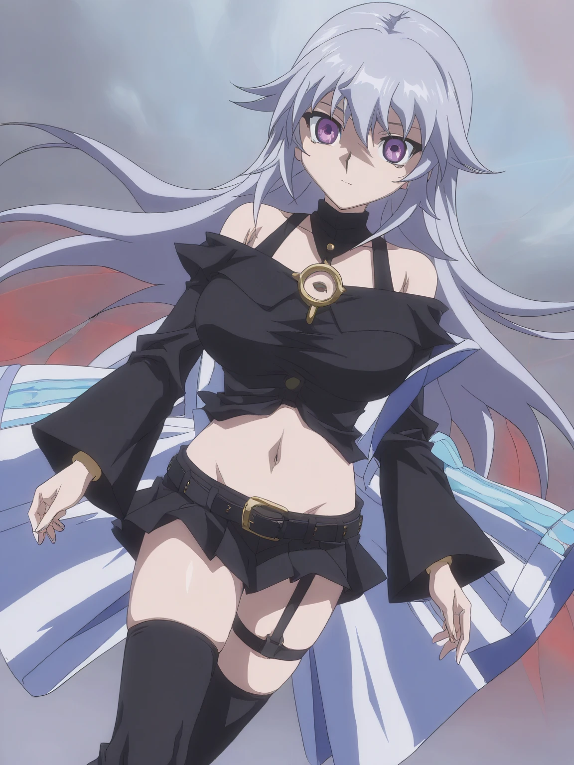Anime girl sleeping, wearing a bikini top and long skirt, whiling grabbing her poor stomach in pain