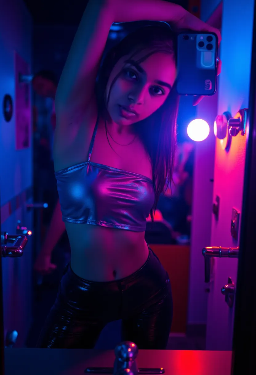 analogue photography of ahegao, pastel pink neon lights, flat lighting, (soft saturation:1.2), e-girl, naughty, flirting with camera, showing breast, sexy clothes, face in focus, perfect body, selfie in a mirror, sexal atmosphere, showing ass, waring seducive clothes, parth clothes, slutty clothes, she wants to have sex, sexy pose, naughty, flirting with camera
