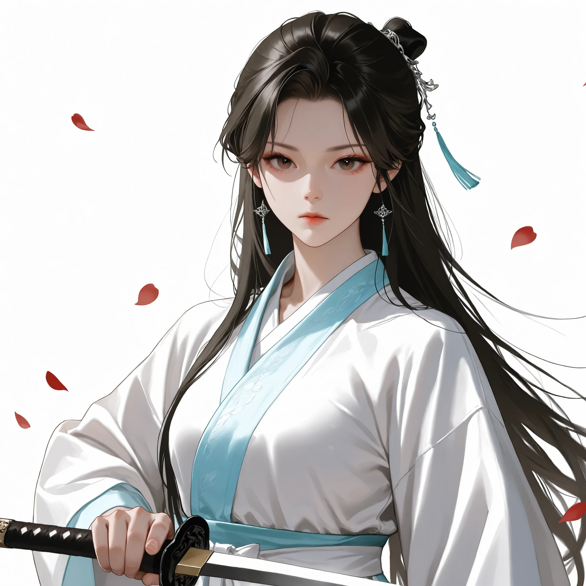 very aesthetic, 걸작, 고해상도, 8k 해상도, high contrast, (semi-realistic), newest, koreanai, best_quality, finely_detailed_eyes_and_detailed_face, (1 girl), solo, long_hair, straight_hair, bun, (slicked_side:1.2), white hanfu, hanfu, holding_sword, fighting_stance, martial arts, (standing, white_background, flying petals), looking_at_viewer, front_view, upper_body_shot, (humongous_breasts, tall_height), brown_eyes, black_hair, expressionless