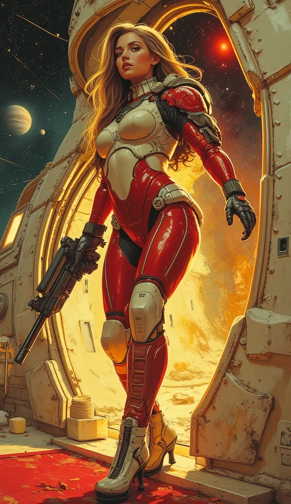 Angelina Jolie (age 25, giga busty, huge breasts, sexy violet clear plastic space suit, thruster pack, bubble dome, big laser rifle) is a scout in an asteroid field, attacked by fembots of the opposing faction (silver and red color scheme)
