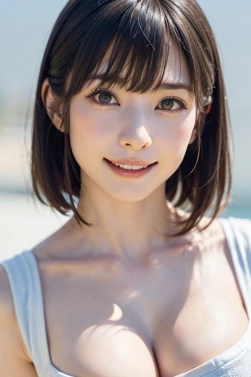 女の子1人、top-quality、realisitic、report、depth of fields、natural soft light、during daytime、魅惑的、beauitful face、Cleanliness、Pure face、de pele branca、cute hawk hair、bangss、the beach、rays of sunshine、Nedium Breast Body Esbian、((Beautiful face with sweater golden ratio Beautiful face with symmetry))、long neck、Put your ears out、bangssのあるきれいな短いボブヘア、Smile with your mouth closed:1.4、Smile with your mouth closed:1.4、perfect hand指、perfect hand、Perfect body、face perfect、Shine a light into the eyes、Perfect Anatomy:1.4、very cute super model:1.4