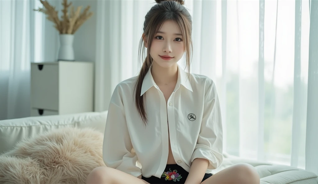 ((of the highest quality, 8K, masutepiece: 1.leti women, 1 woman, Middle chest: 1.3, (Healthy abs, Healthy figure: 1.1), Sexy, dark brown hair, (Sitting on the couch, spreading legs, Japan School Uniforms: 1.1), Ultra-detailed face, Detailed lips, Detailed eyes, Double eyelids, Highly detailed face and skin texture, Detailed eyes, Double eyelids, clean the nasal muscles, Open crisp eyes,