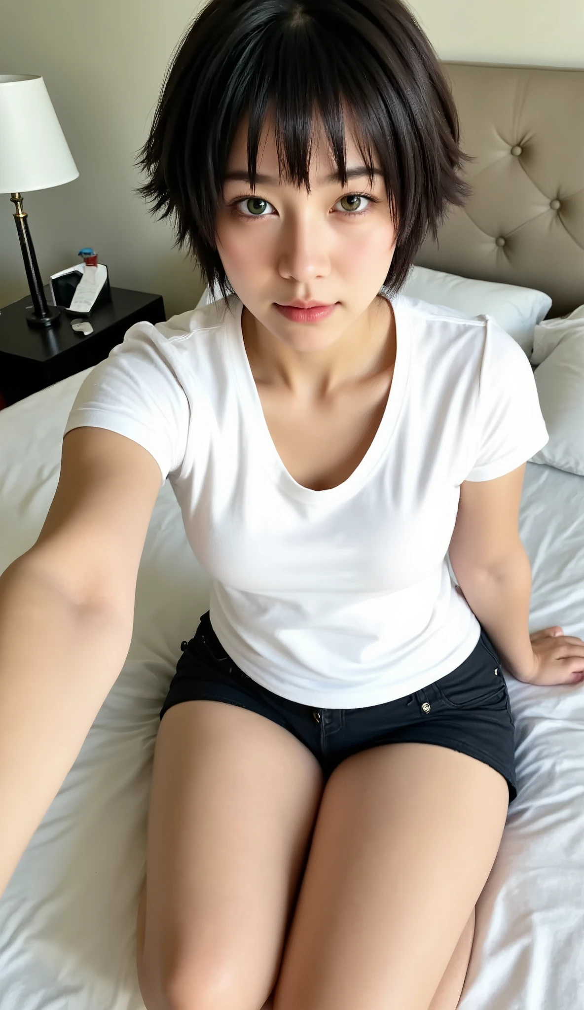 Selfie angle, Lying on the bed, alone in the scene, Beautiful Chinese girl, perfect athletic body, short modern hair, blue eyes, wearing short shorts, short soft t-shirt, attractive thighs, soft lighting in the room.