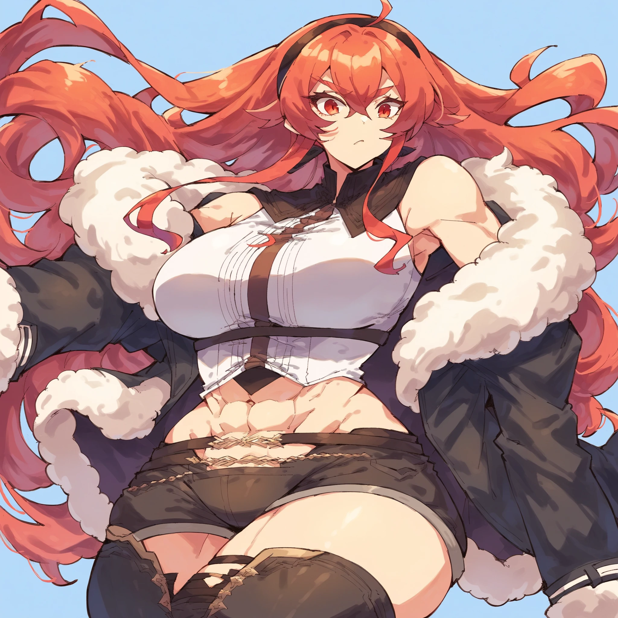 Woman short red hair, white skin, yellow left eye, blue right eye, large breasts, muscular, full of scars, and pregnant