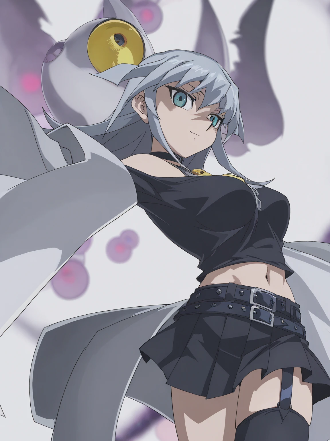 ((BLACK BACKGROUND,1:2, masterpiece)), full body MILF BIMBO standing with two long thighs and two metal sandals, red eyes, silver white hair, short bob style hair, big breasts, cleavage, separate sleeves, tiara royal, long cape up to two feet, yellow bikini, hands on waist, navel, lustful smirking smiling, smile face (red blushed, red cheeks), metal shoulders, gold sleeveless armbands, black leather choker slave collar, shackle bracelets, sex slave red crest, pauldrons, breastplate, corset, eye focus, full body, whole body. 1solo . slave fighter, loincloth standing, hands on hips, metal sandals, backpack, choker, big belt, view from below, feet together, bracers, tiara)