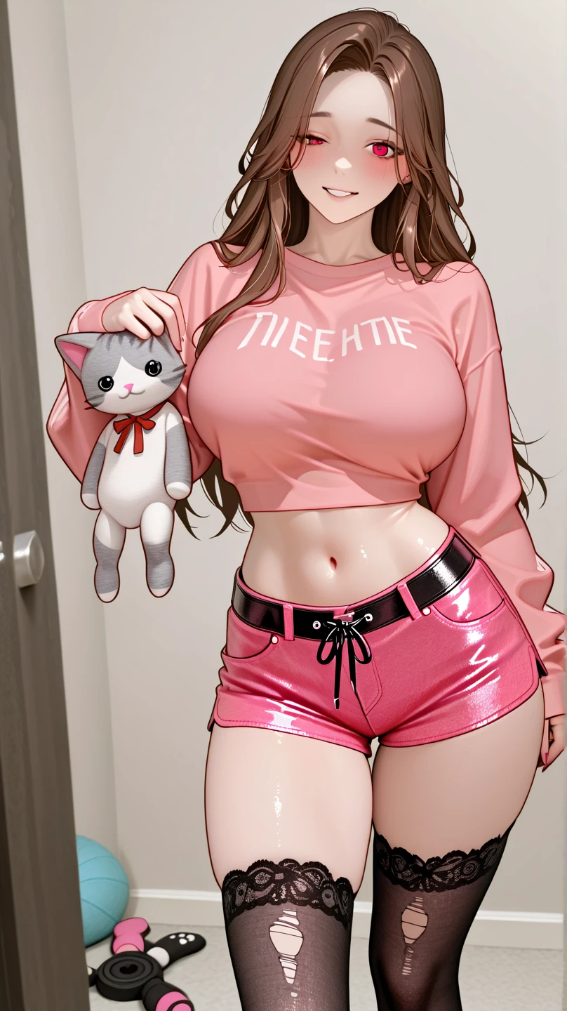 Girl wearing a big bulbous diaper, egirl, holding a stuffed animal, cute, sexy, busty, big 