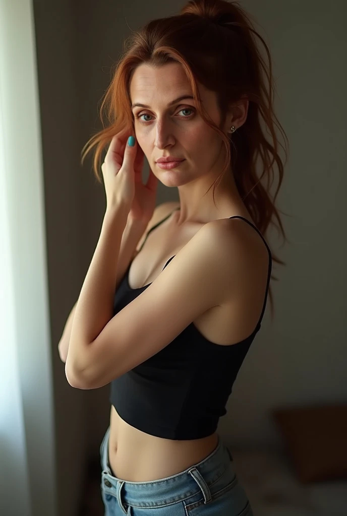 a girl with matching tank top and panties, Sexy girl with brown eyes, ginger caramel hair and large eyes, pale skin tone, big natutal boobs, Selfie of a young woman, eyes in the bedroom, Violet Myers, without make-up, natural makeup, looking directly into the camera, subtle make-up, stunning full body shot, in the bedroom, cleavage [High Resolution, 8k, long shot, best quality camera lens, sony premium camera], 1girl, solo, (woman body : pale skin tone, hourglass body type, big natural boobs, perfect model face), (straightened hair, ginger caramel hair, sexy golden eyes, seductive look, detailed facial features, alluring face, a wide-angle waist-up portrait photo of 20 years old woman), realistic textured golden eyes, beautiful eyes, hyper detailed eyes, perfect fingers, beautiful fingers, matching colour fingernails, cinematic, (highly detailed skin:1.2), 8k uhd, dslr, soft lighting, high quality, [professional makeup for photoshoot]