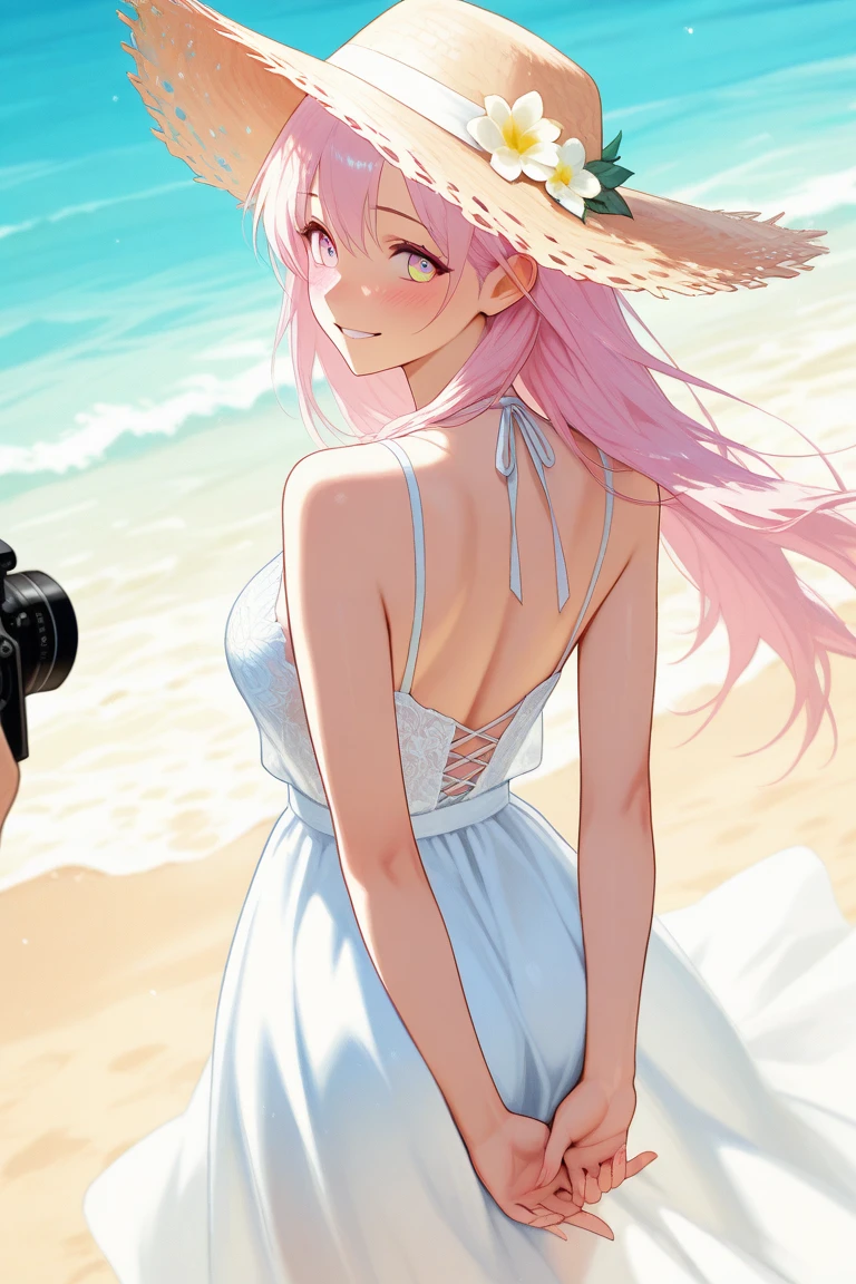 Lacus wears a string bikini and a robe..,Face the camera.
