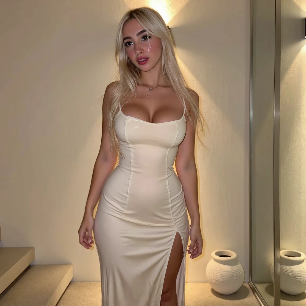 une femme blonde de 20 ans, robe blanche moulante, gros seins naturels, nightclub background