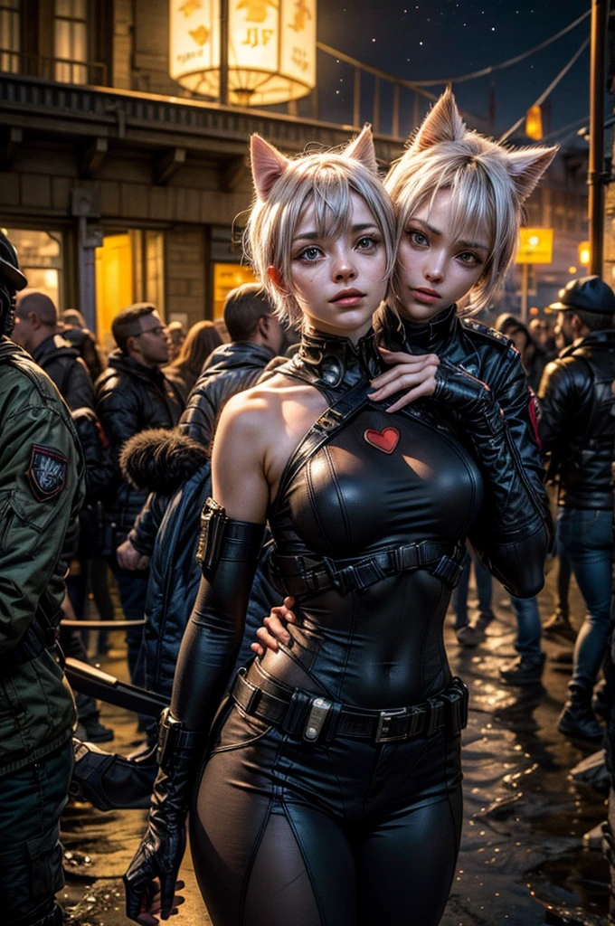 ((two steampunk woman hugging each other)), (((18 years old))), (((skimpy steampunk armor))), short hair, (cute fox ears), (detailed faces), ((steampunk city)), posing, sitting, (full body), in frame, (soft smile), ((photography by Petter Hegre, Hegre Art)), Sony Apha 7, Nikon, 50mm, masterpiece, high res, detailed skin, visible pores, detailed, realistic, 8k uhd, high quality