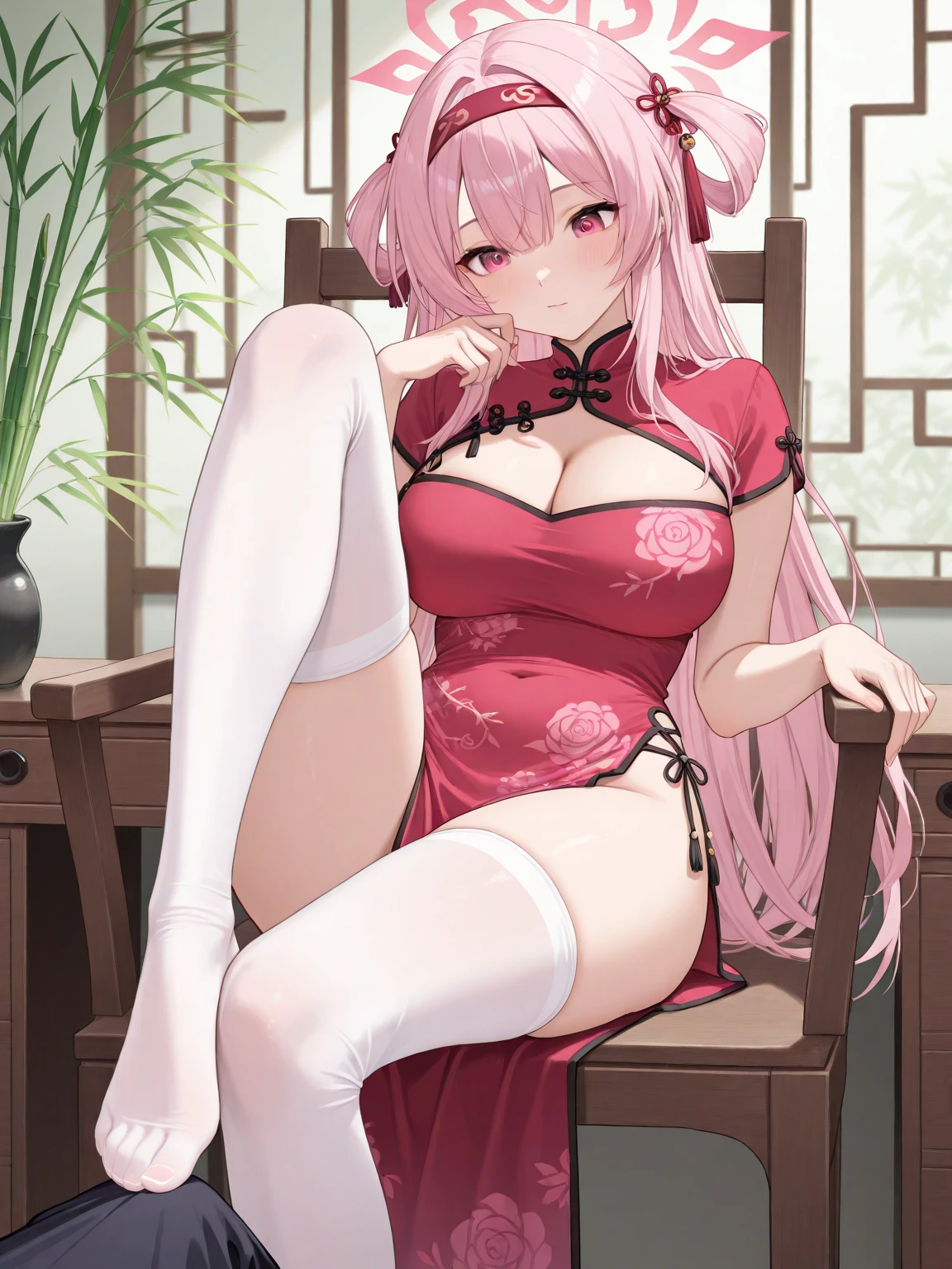 There is a woman sitting on a chair, trending on cgstation, 8K high quality detailed art, Fanart Meilleure ArtStation, seductive anime girls, Extremely detailed Artgerm, Guviz-style artwork, stunning cgsociety, Deviantart ArtStation CGSCOSIETY, WLOP and Sakimichan, Full body CGsociety,fox ear,Red high heels,Pink art cheongsam,erect_nipples,erect_nipples_under_clothes,