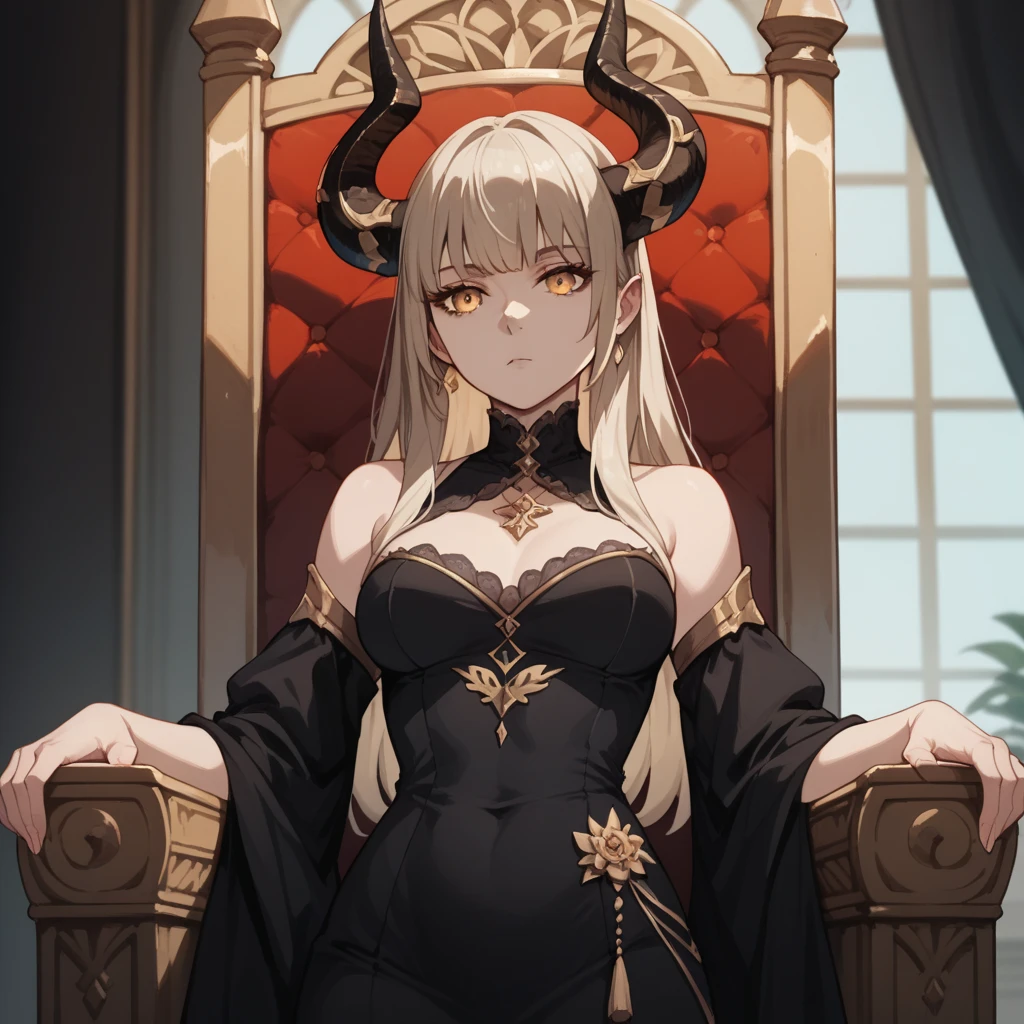 ((Highest quality)), ((masterpiece)), (detailed), (Perfect Face)、The woman is a jet-black devil、The woman is a jet-black female demon with magnificent demon horns and a jet-black tail, her skin is the same black as the Demon King, and she is wearing a seductive and luxurious jet-black dress of the Demon Queen. Her name is Princess Leona, a jet-black demon with medium-long light brown hair. The man and woman are cuddling happily on a large sofa.、The woman is sitting happily on a large sofa, snuggled up to her beloved husband, the powerful demon king.、A strong demon king is sitting on a large sofa in front of a luxurious demon altar, embracing his wife, the demon queen Leona.、The woman is holding a baby