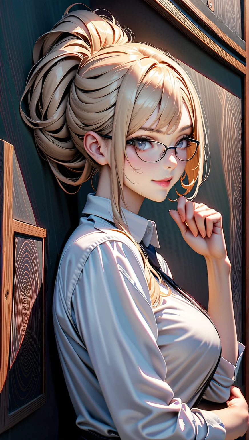 In the classroom,The teacher is lecturing the students,Gray-haired old teacher,Asian people,wears glasses,closeup cleavage,sharp focus on eyes,8K,super-fine,oil painted,Hyper-realistic,best qualtiy