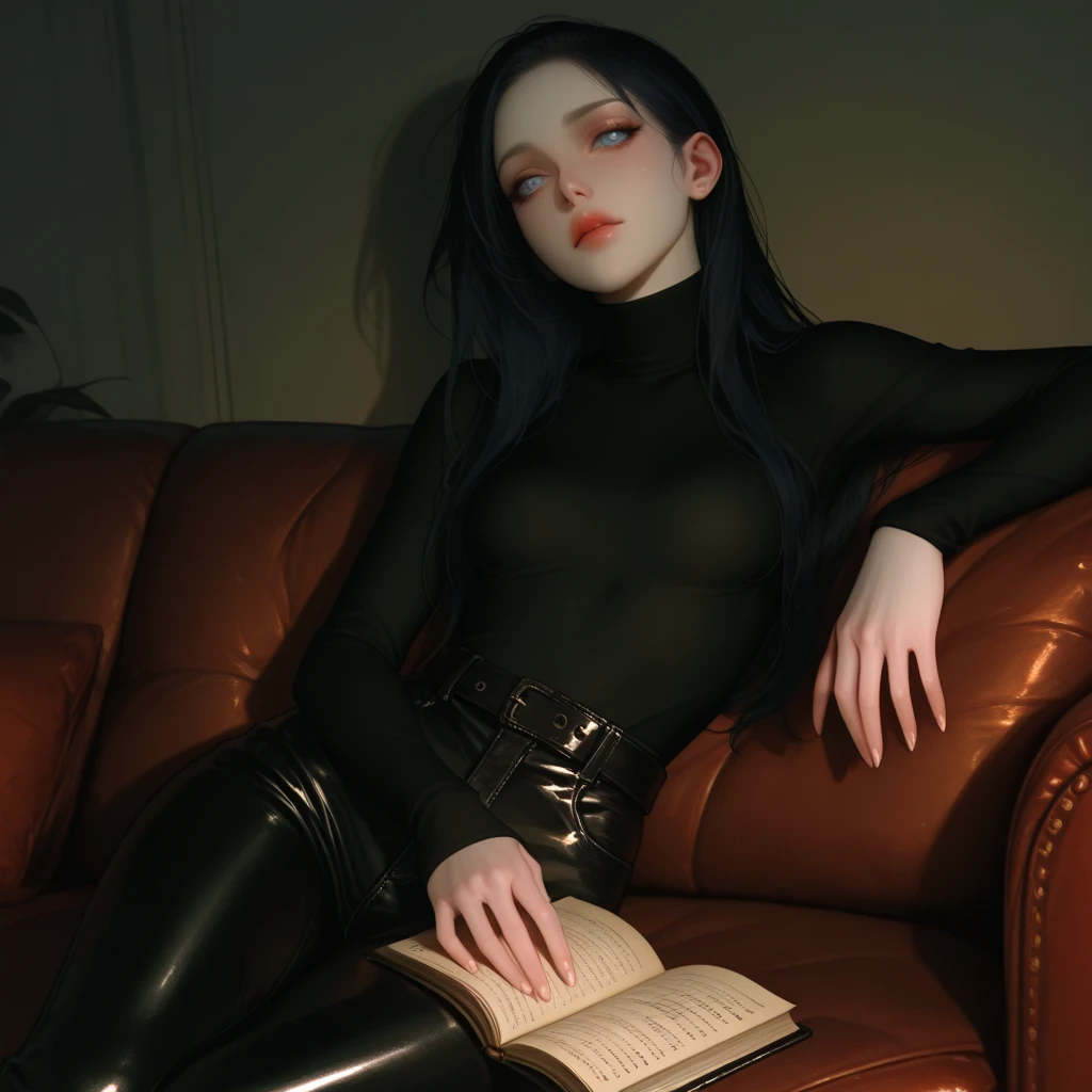 xyzphaedra, nsfw, 1girl, full body, makeup, bangs, black hair, black lips, red eyeshadow, closed mouth, plants,bedroom,bookshelf, messy
