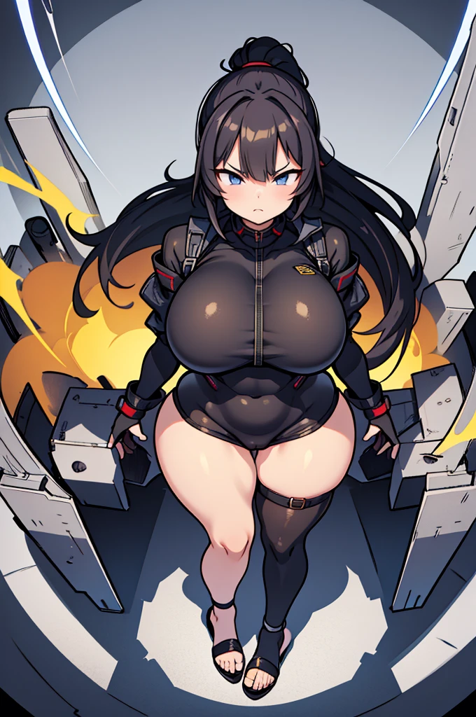 young girl, Pullover, mini bikini, whole body to see, happy , scream, open mouth, pigtails hair, (( very wide hips)), (((colossal Thighs, gigantic thighs, very huge thighs, very big thighs))), fullbody, platform heels, black skin, very Big breast, gun, cyberpunk, soldier girl , full body,